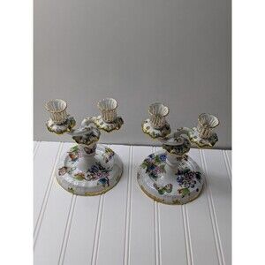 Herend Queen Victoria Green Border Double Candlesticks Set of 2